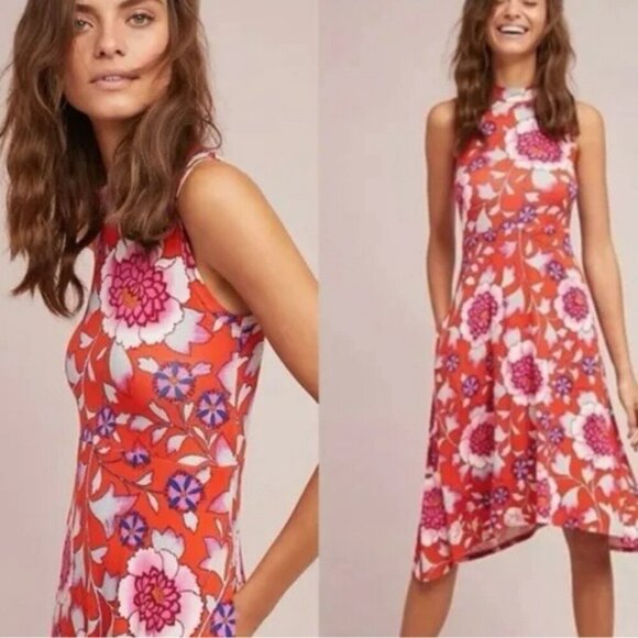 ANTHROPOLOGIE Maeve Cleary Sleeveless MIDI Dress Red Floral Asymmetrical Size S - Picture 1 of 11